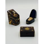 9ct gold thimble, 1907, a19th century tortoiseshell needle box; and a brass bound hardwood box.