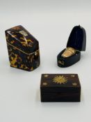 9ct gold thimble, 1907, a19th century tortoiseshell needle box; and a brass bound hardwood box.