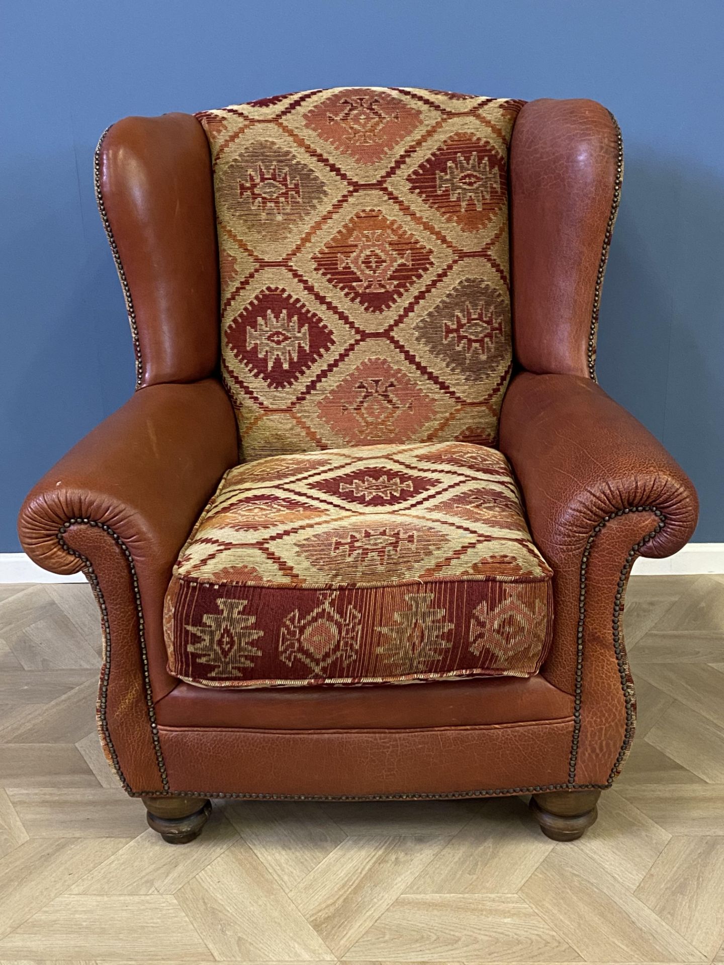 Contemporary leather and fabric upholstered armchair - Image 2 of 8