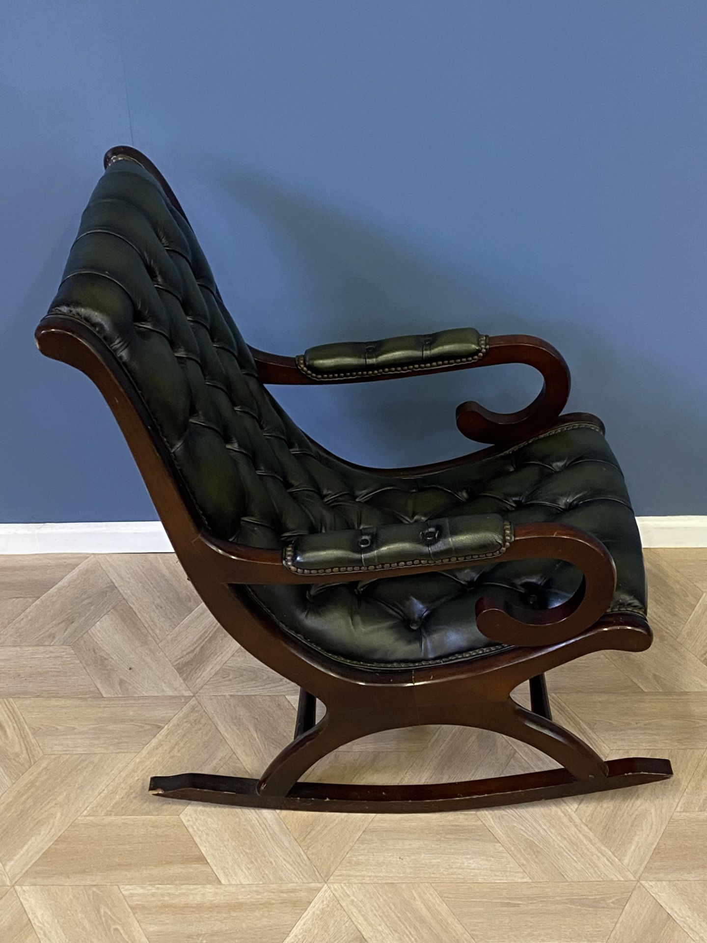 Mahogany framed green leather button back rocking chair - Image 6 of 7