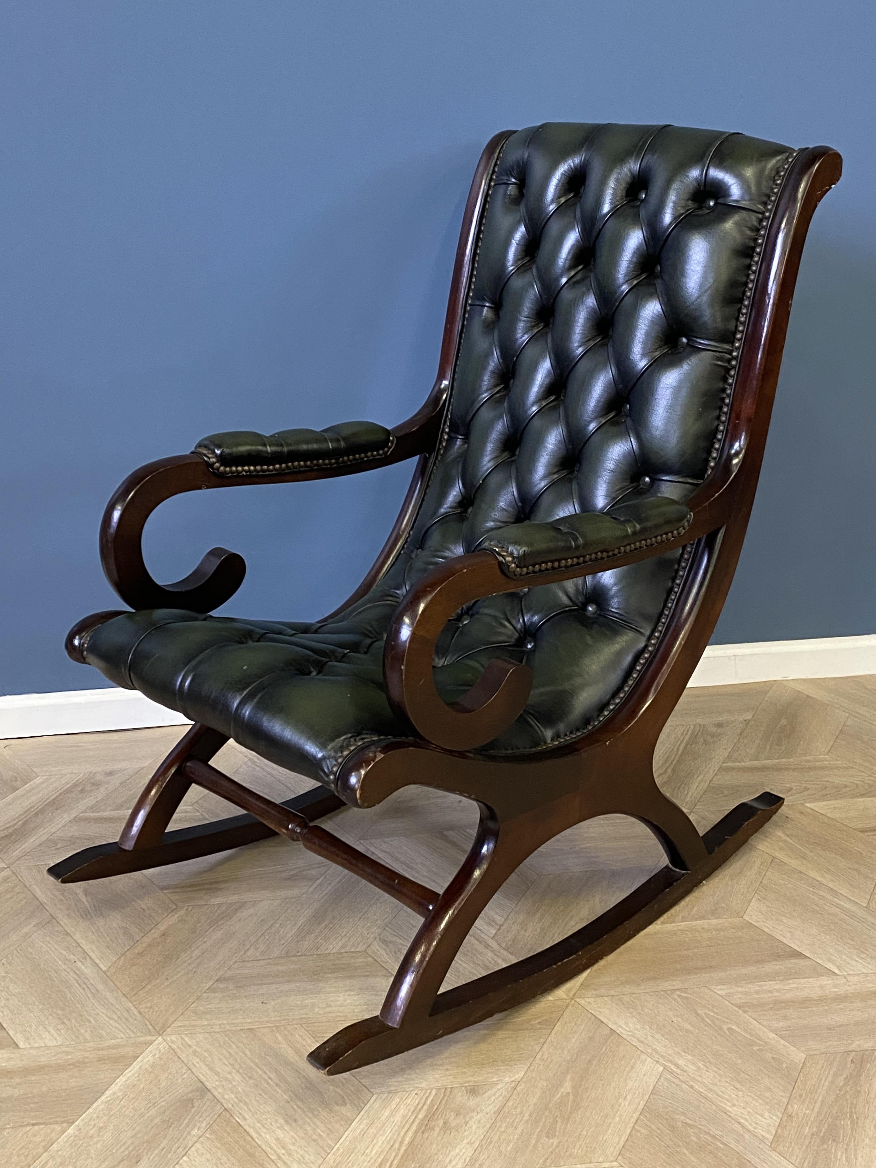 Mahogany framed green leather button back rocking chair - Image 3 of 7