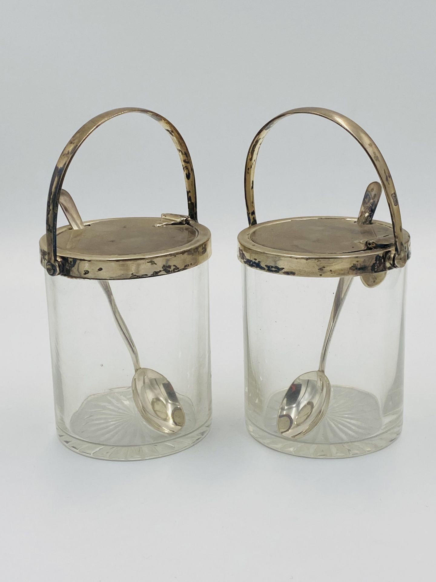 Pair of silver mounted, glass preserve jars with star cut bases - Image 2 of 6