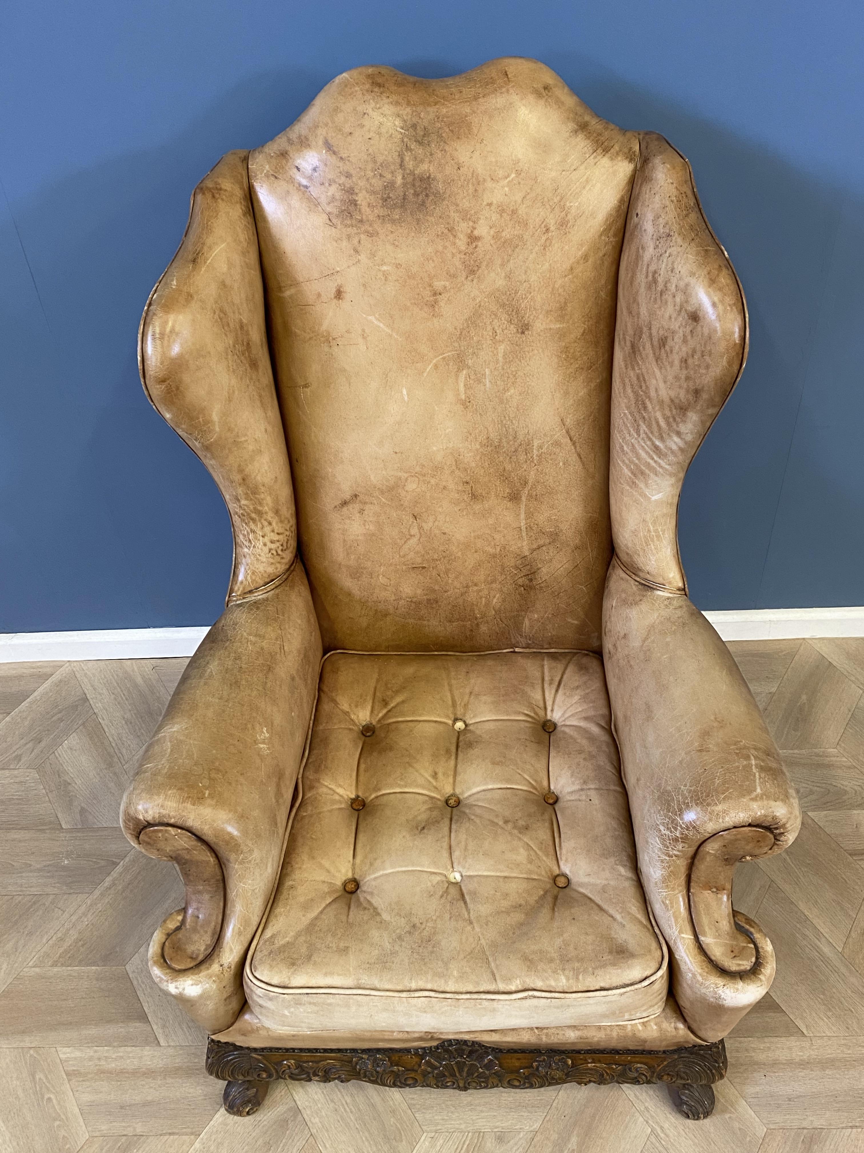 Queen Anne style leather wing back open armchair - Image 2 of 7
