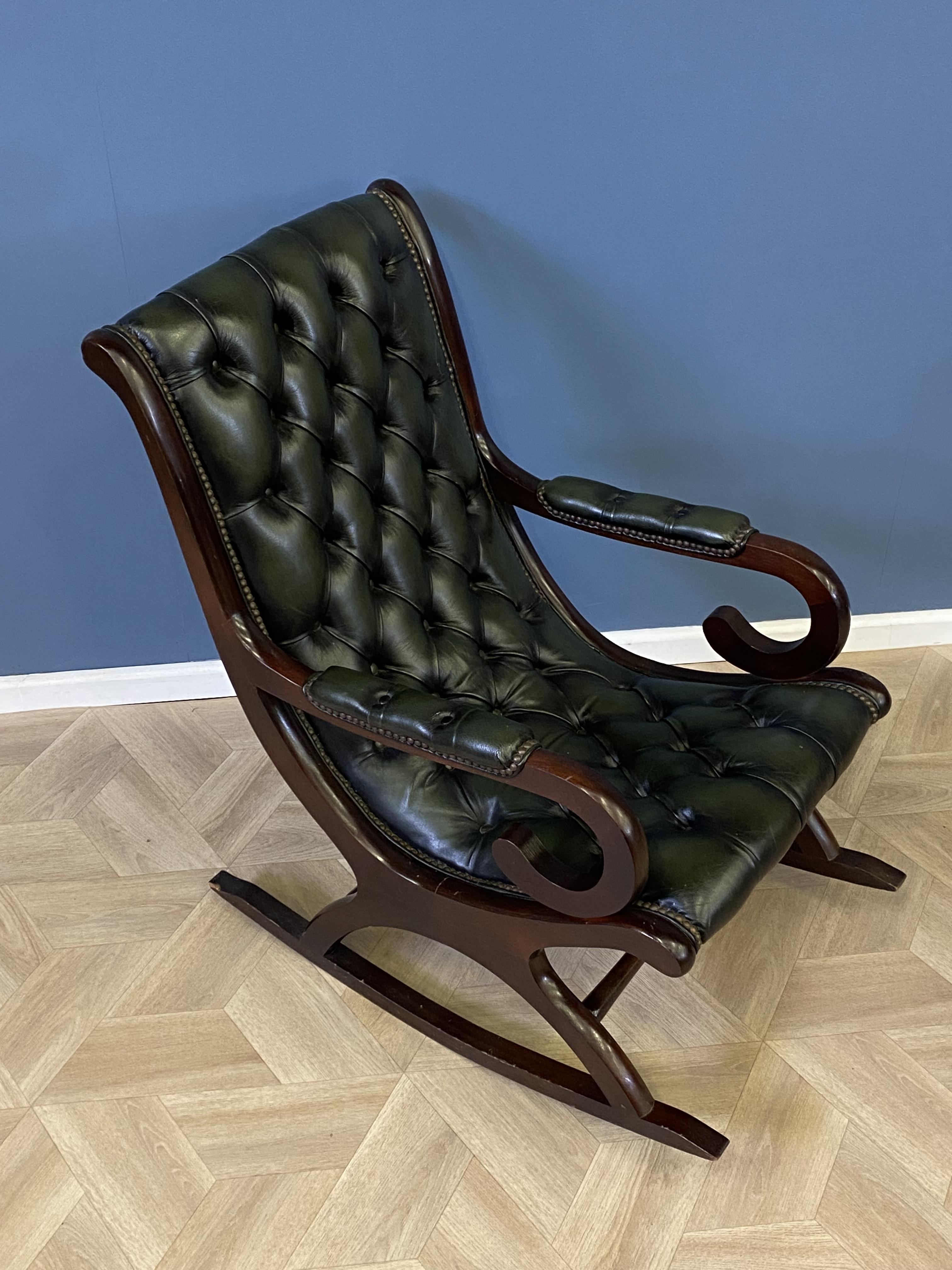 Mahogany framed green leather button back rocking chair - Image 4 of 7