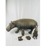 Large decorative resin hippo together with other resin animals
