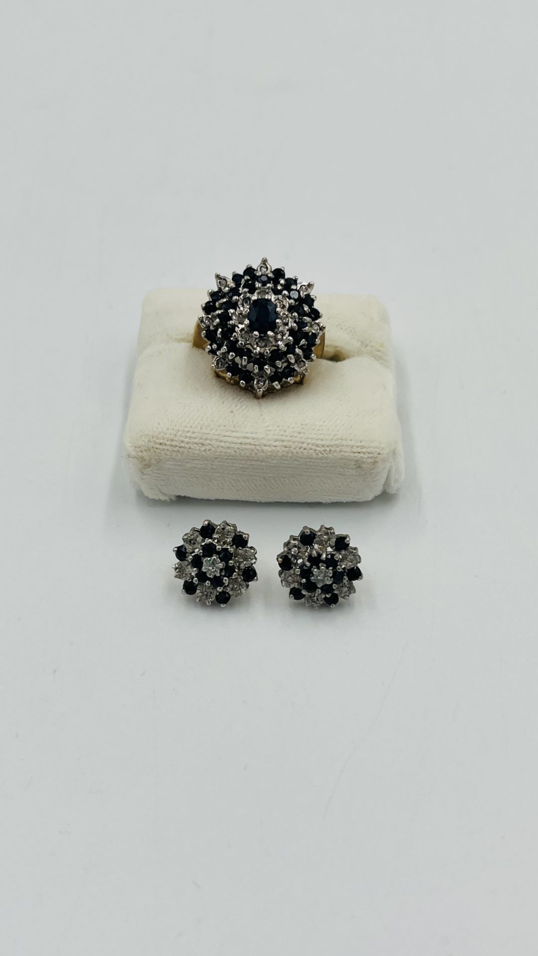 9ct gold, sapphire and diamond cocktail ring with matching earrings
