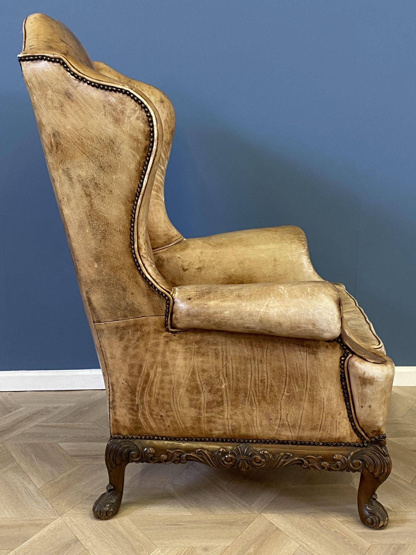 Queen Anne style leather wing back open armchair - Image 6 of 7