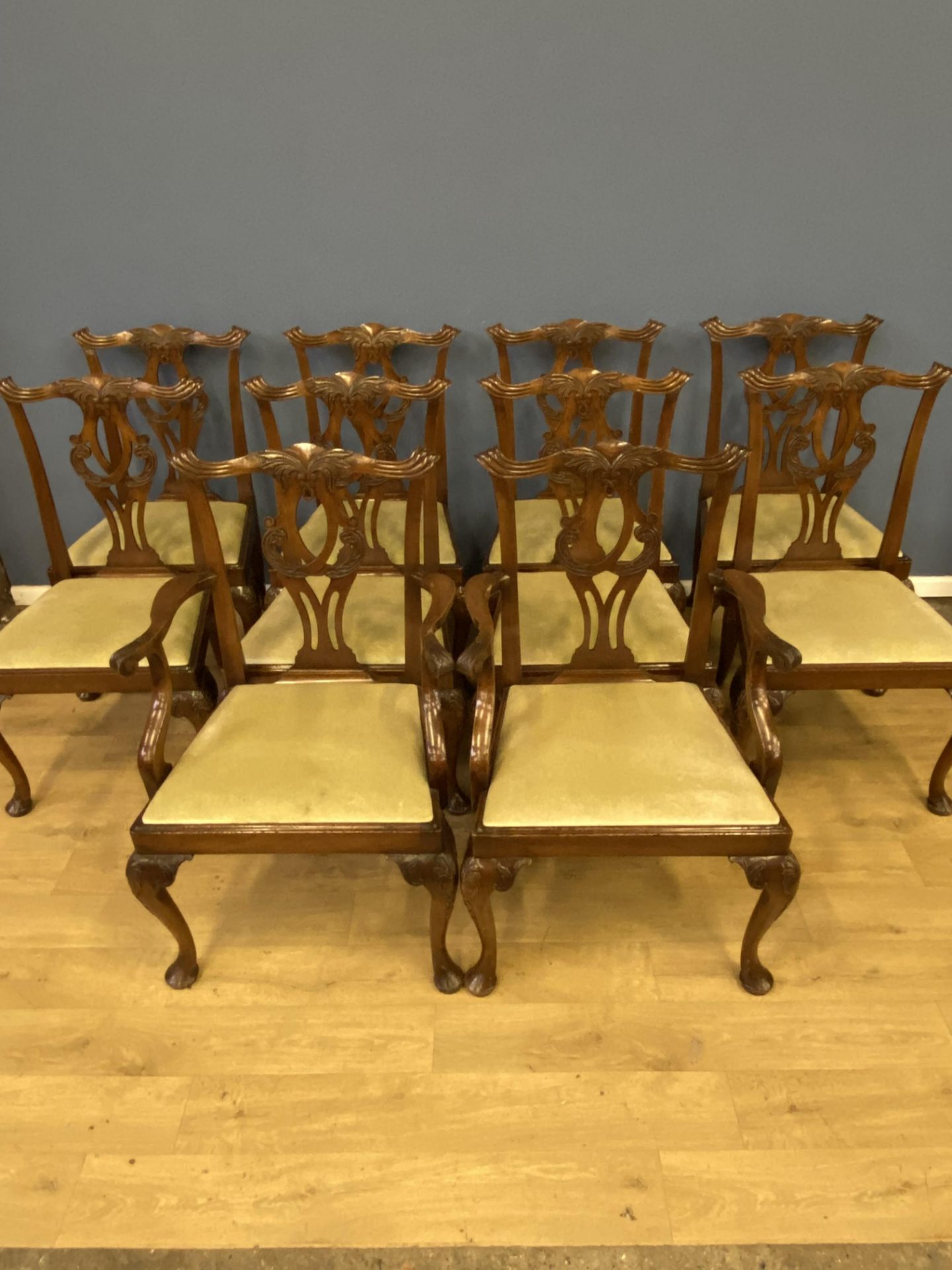 Set of ten 1920's mahogany Chippendale style dining chairs - Image 5 of 13