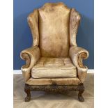 Queen Anne style leather wing back open armchair