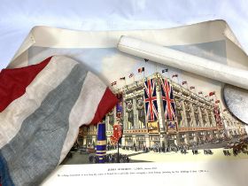 Printed Union Jack flag; together with two lithographic prints from the Jubilee in 1935.