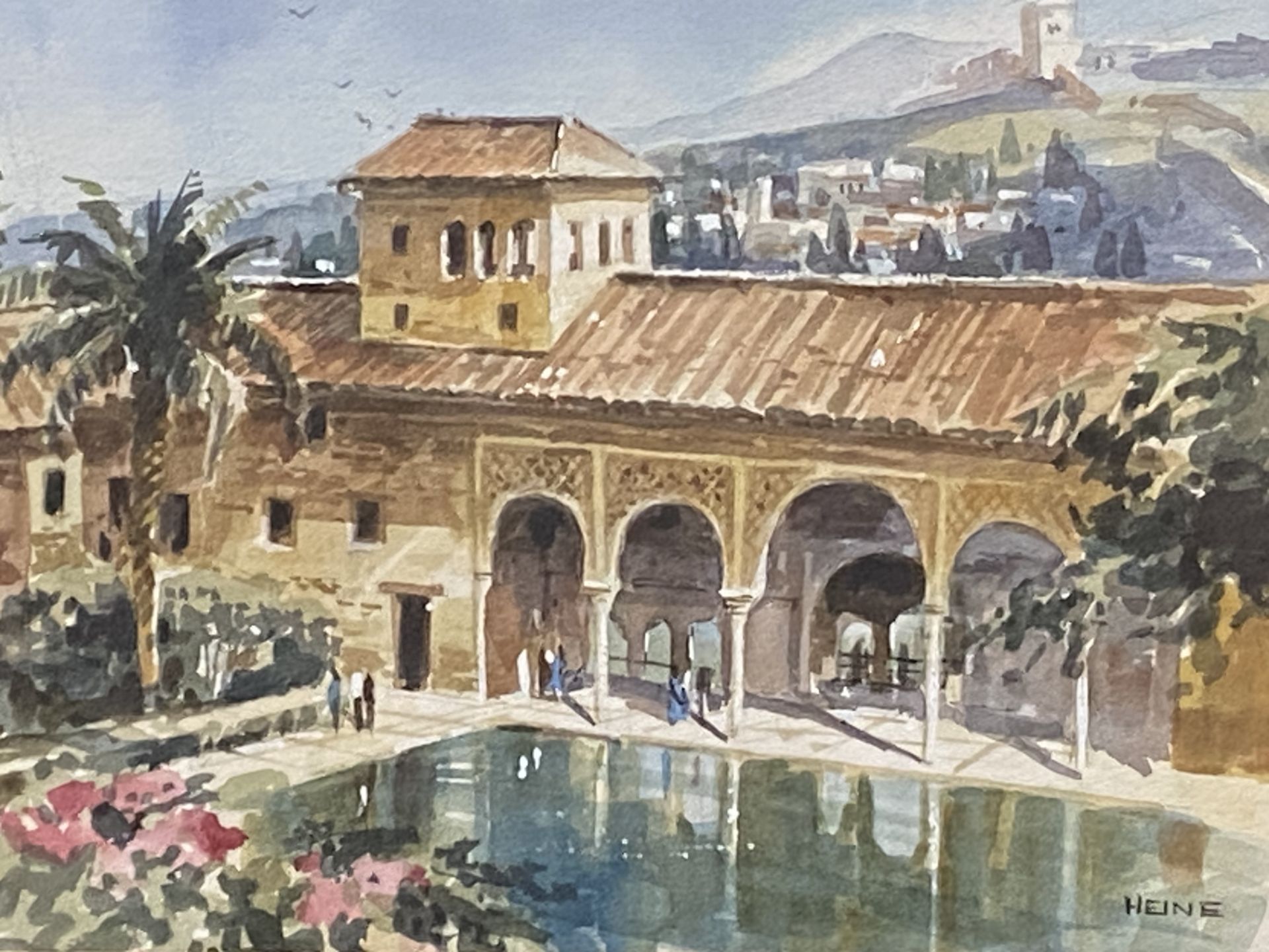 Framed and glazed watercolour of the Lady's Tower in Alhambra