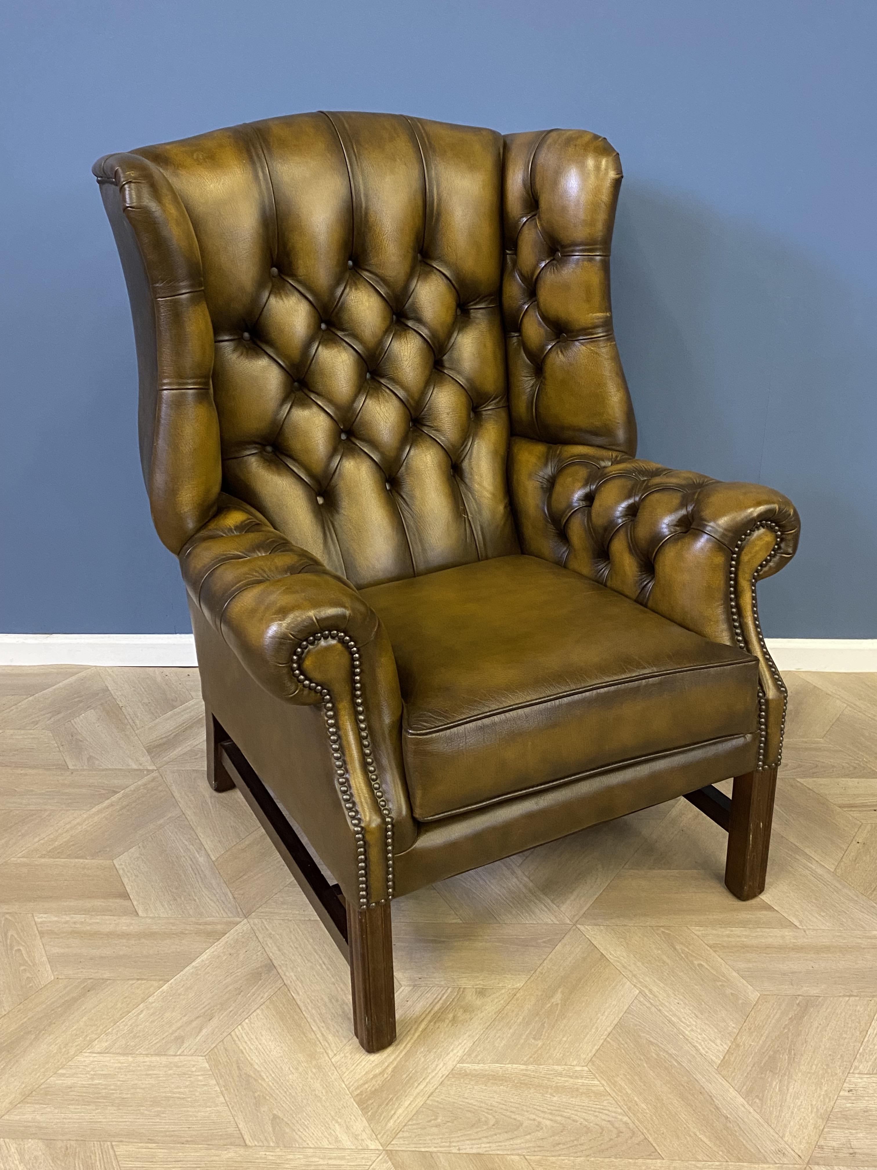 Leather button back wing armchair - Image 3 of 6