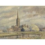Framed and glazed watercolour of Salisbury cathedral
