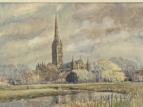 Framed and glazed watercolour of Salisbury cathedral