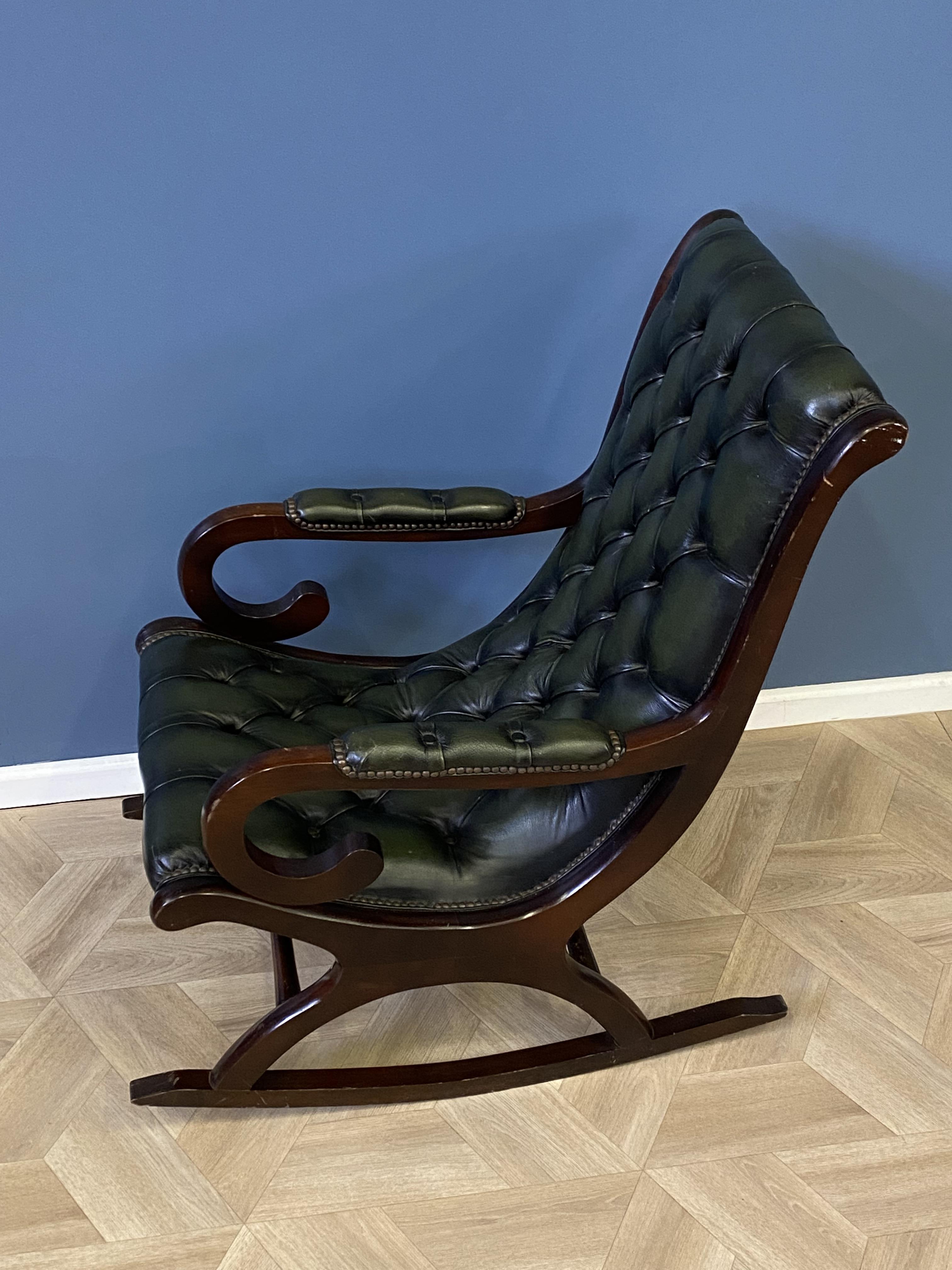 Mahogany framed green leather button back rocking chair - Image 5 of 6