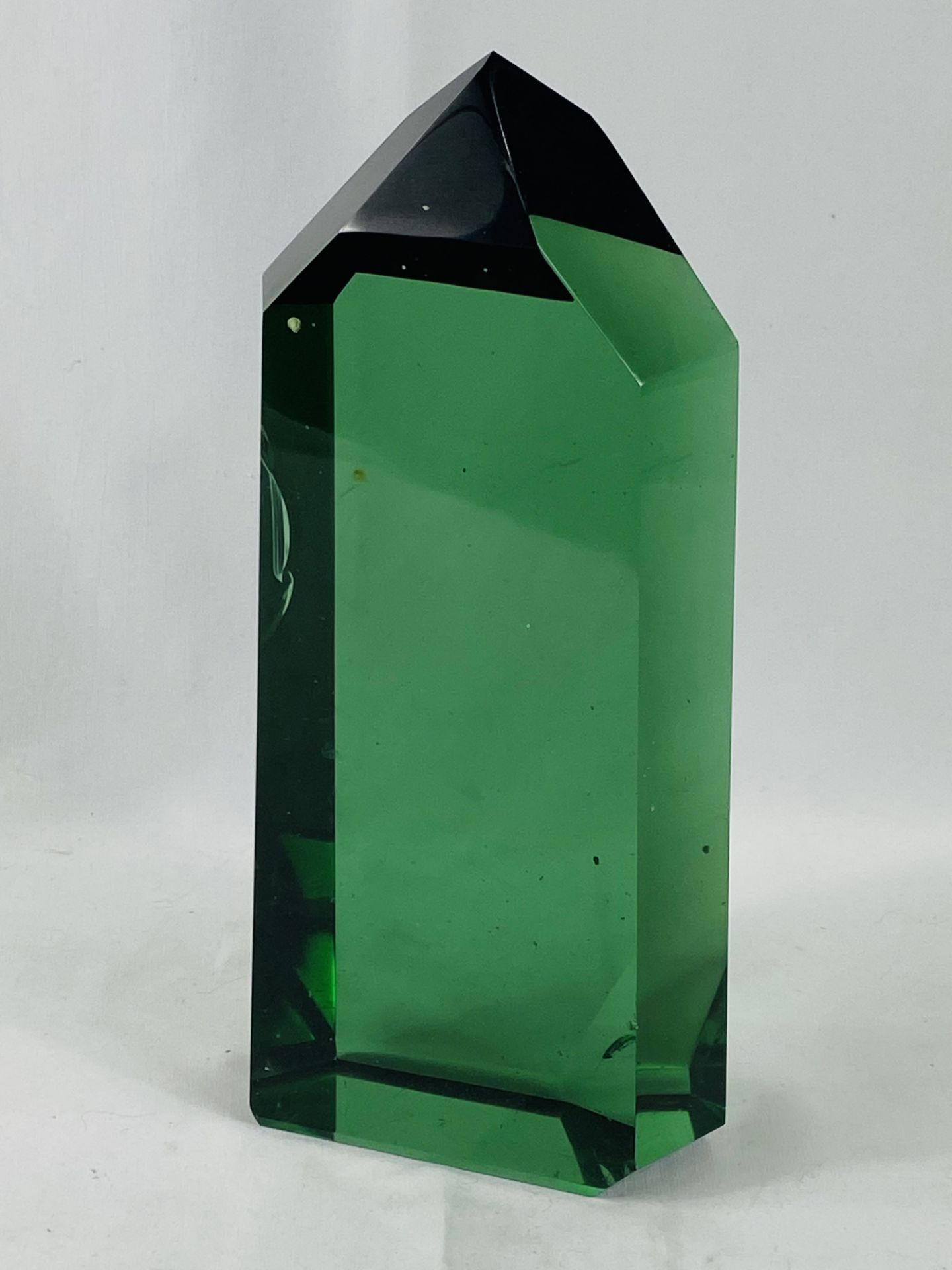 Green glass six sided obelisk.