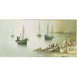 Gilbert Bria - framed oil on canvas of moored boats