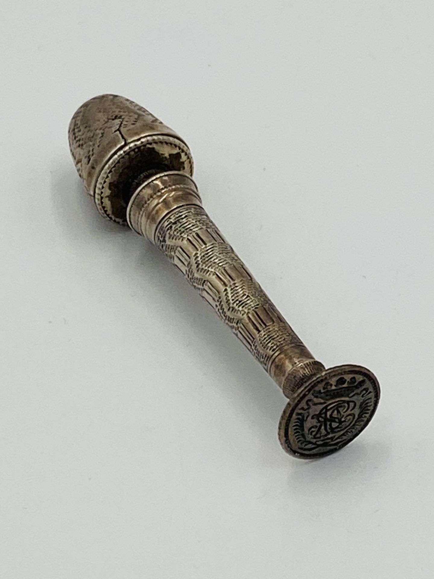 A silver standing thimble compendium/needle case/seal