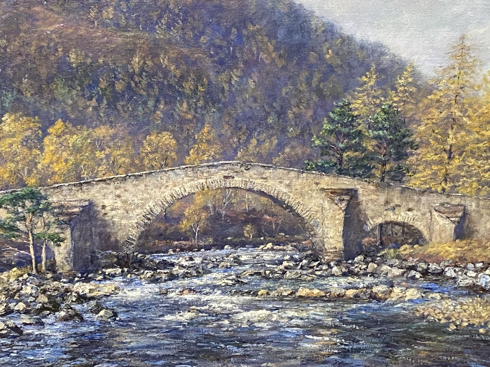 Framed oil on canvas of the Old Bridge at Invercauld - Image 4 of 4