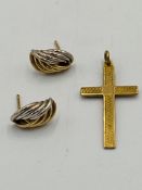 Pair of 9ct gold earrings together with a 9ct gold cross