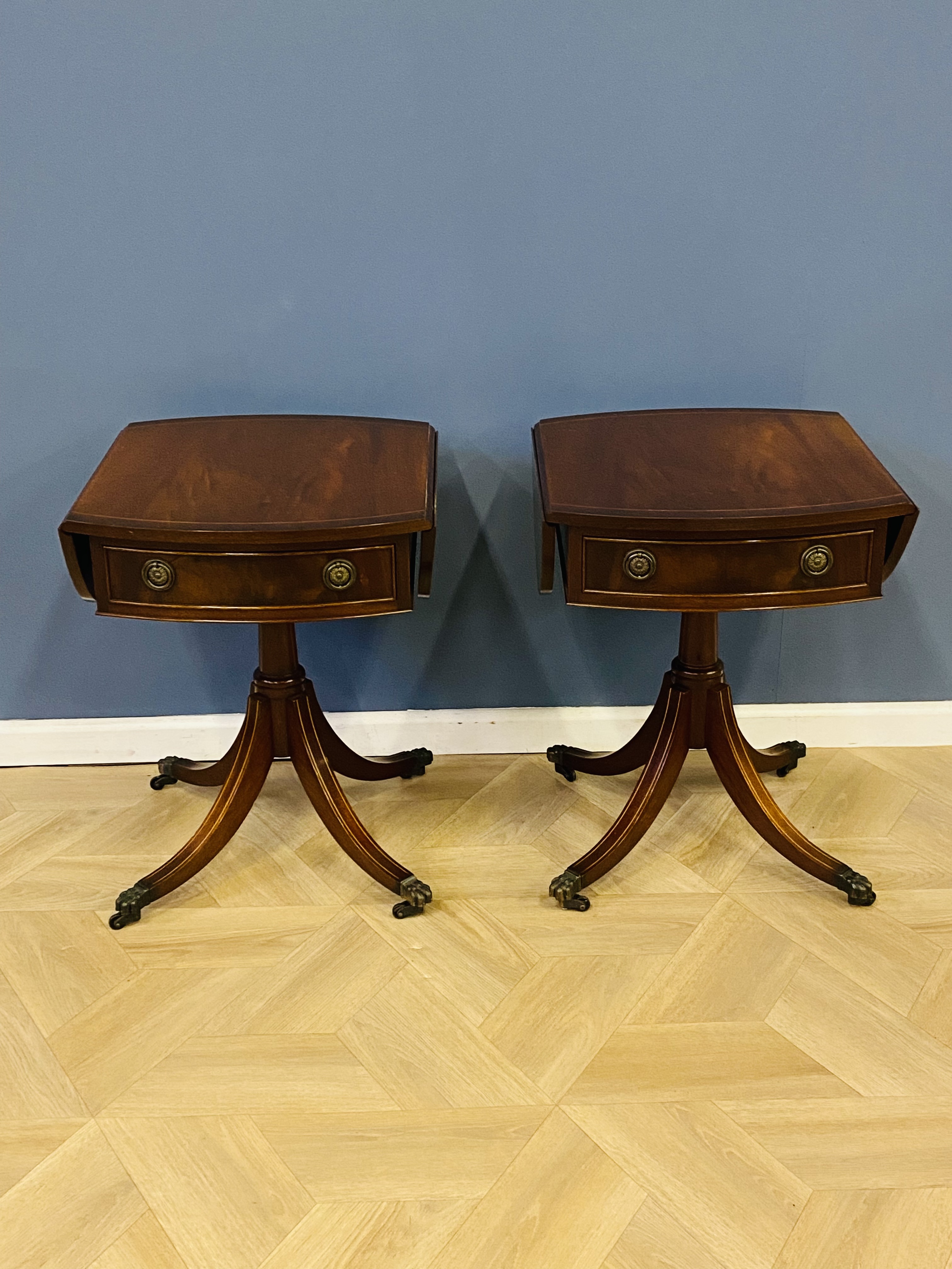 Pair of inlaid mahogany drop leaf lamp tables