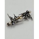 Diamond and pearl set brooch styled as a bird