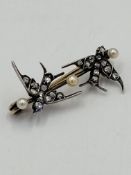 Diamond and pearl set brooch styled as a bird
