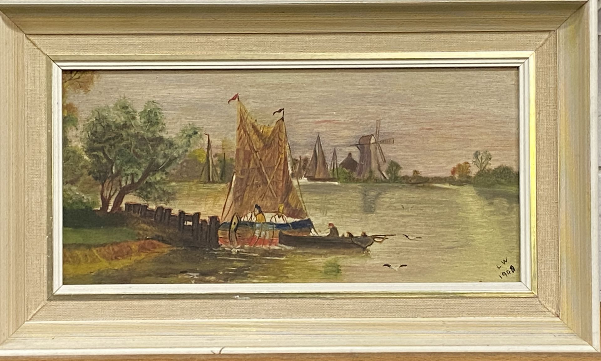 Framed oil on board of a Dutch river scene - Image 4 of 4
