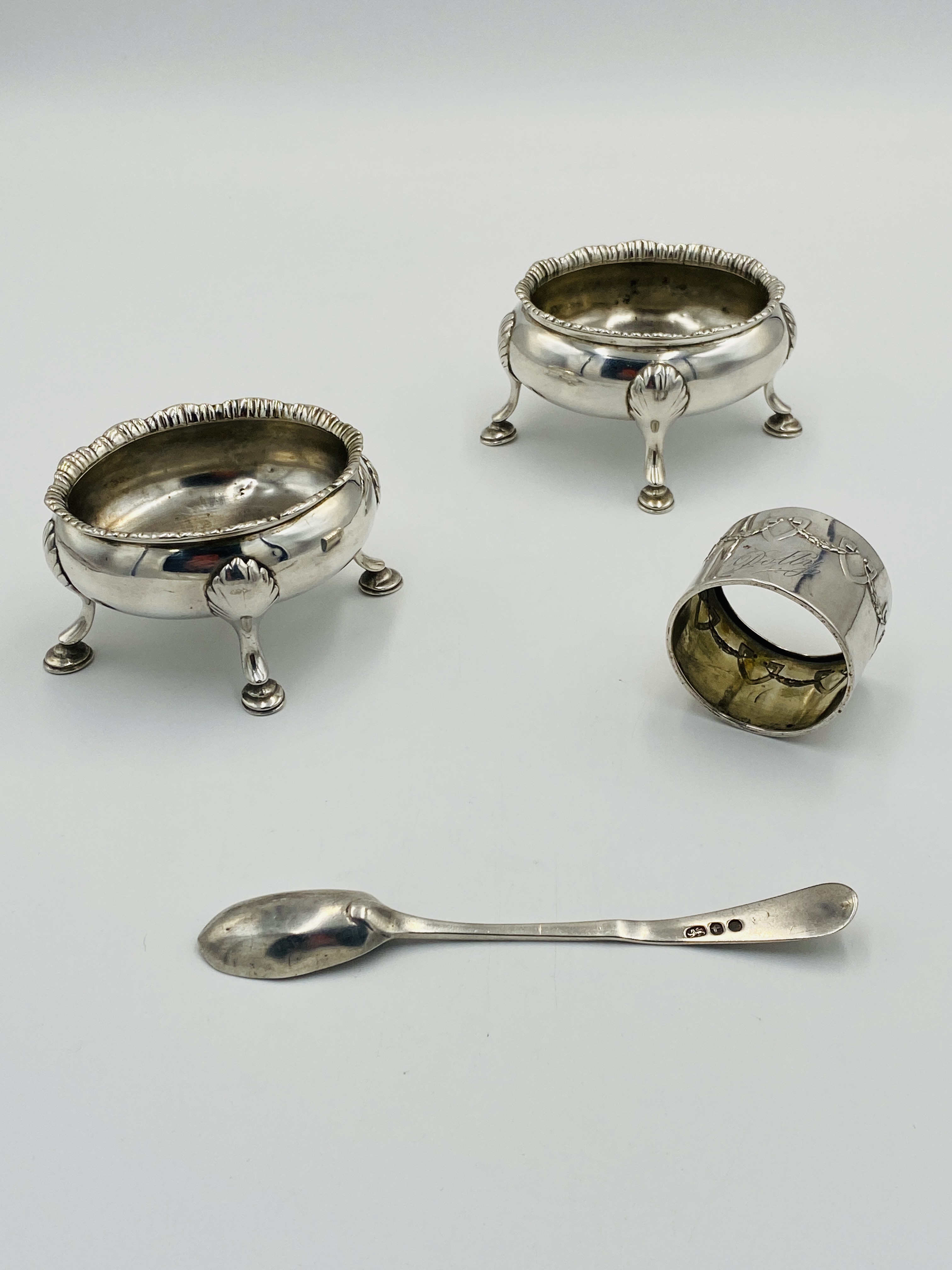 Two silver salts and a silver napkin ring - Image 2 of 6