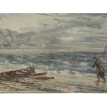 Framed and glazed watercolour of a fisherman on the seashore