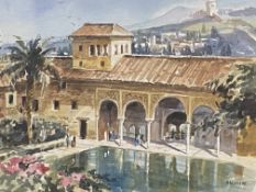 Framed and glazed watercolour of the Lady's Tower in Alhambra