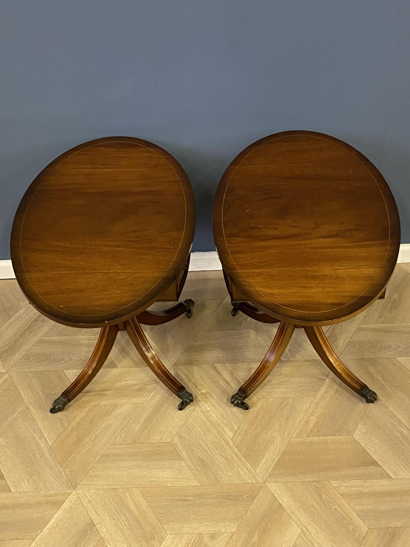 Pair of inlaid mahogany drop leaf lamp tables - Image 5 of 7
