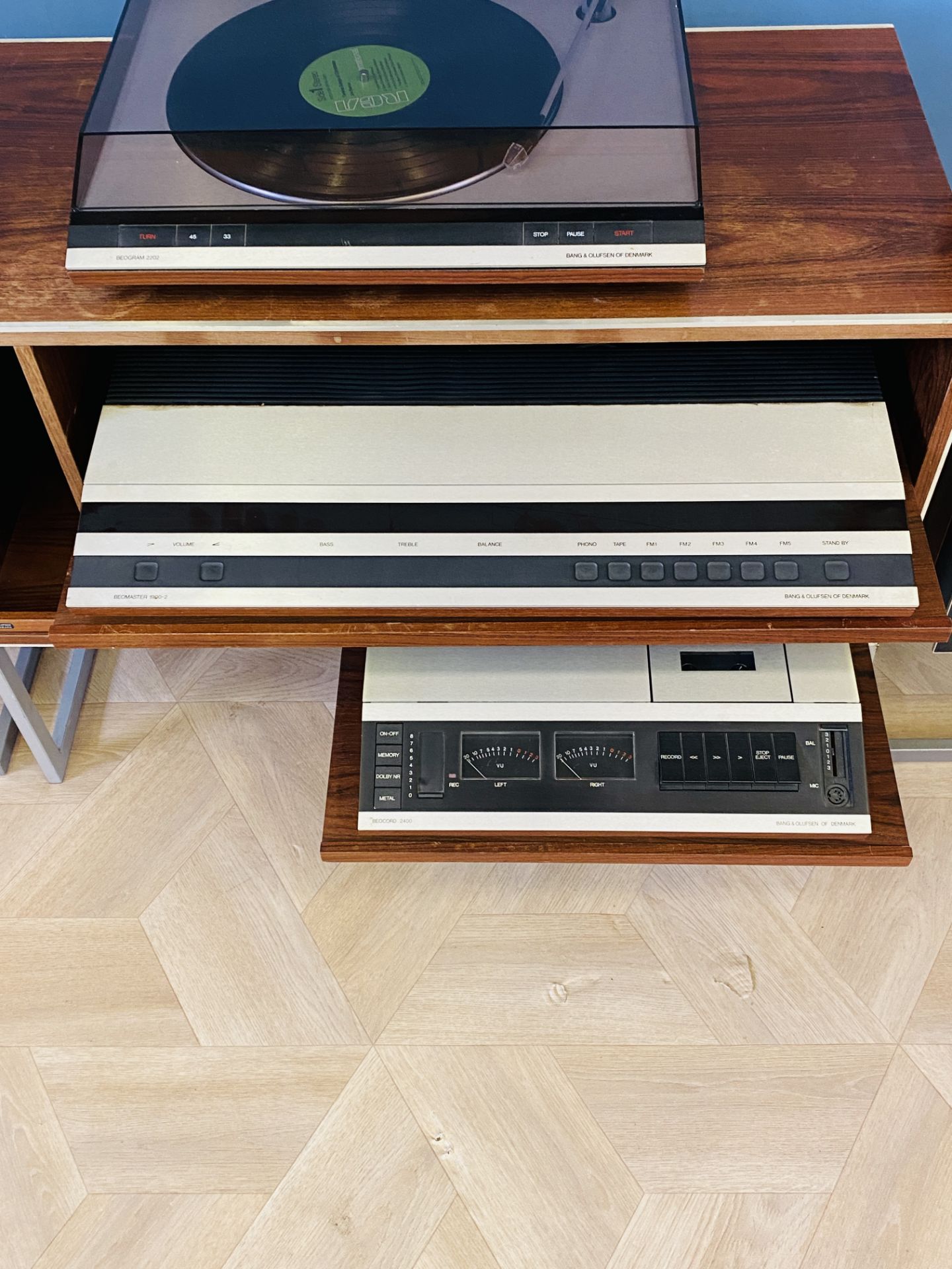 Bang & Olufsen Beomaster 1900-2; Beocord 2400, Beogram 2200 on stand; & Beovox S50's - Image 2 of 9