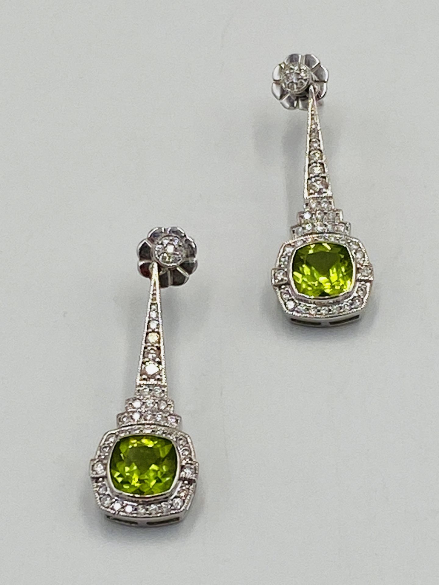 18ct white gold, diamond and green stone drop earrings