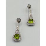 18ct white gold, diamond and green stone drop earrings