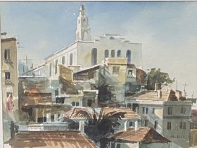 Framed and glazed watercolour of a Mediterranean town