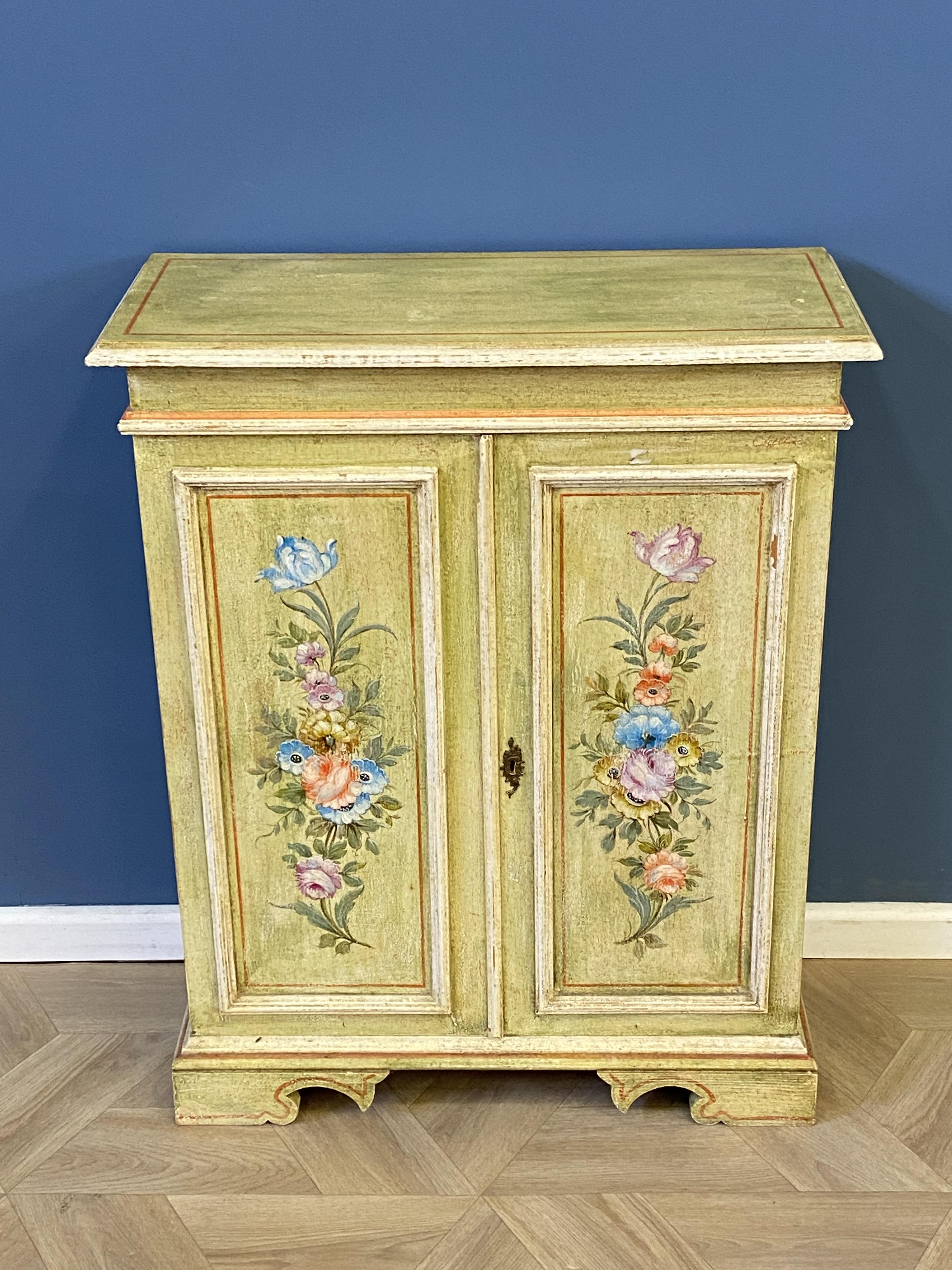 Florentine style apple green paint decorated two door side cabinet