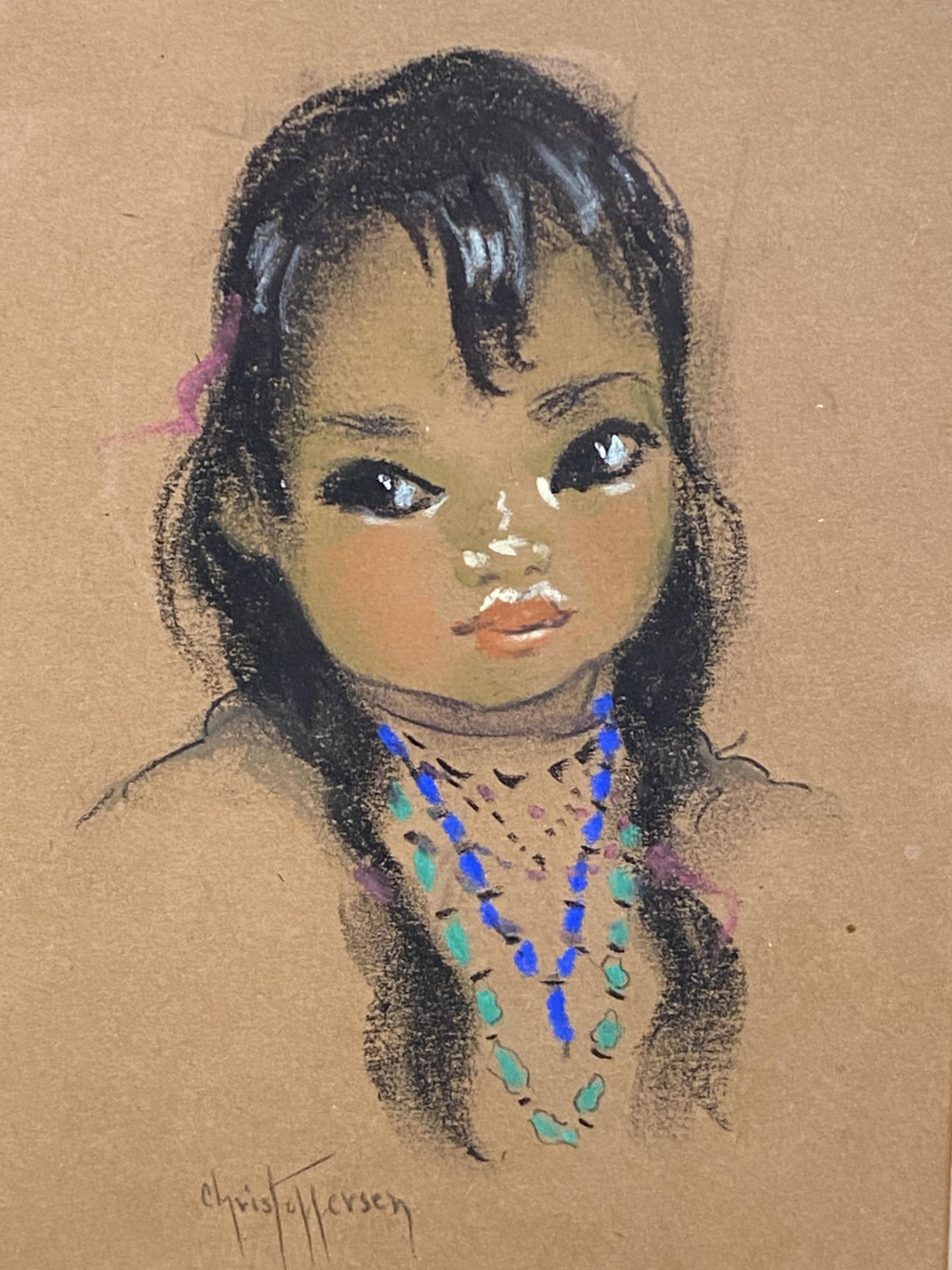Framed and glazed pastel of a girl, signed Christofferson