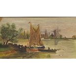 Framed oil on board of a Dutch river scene