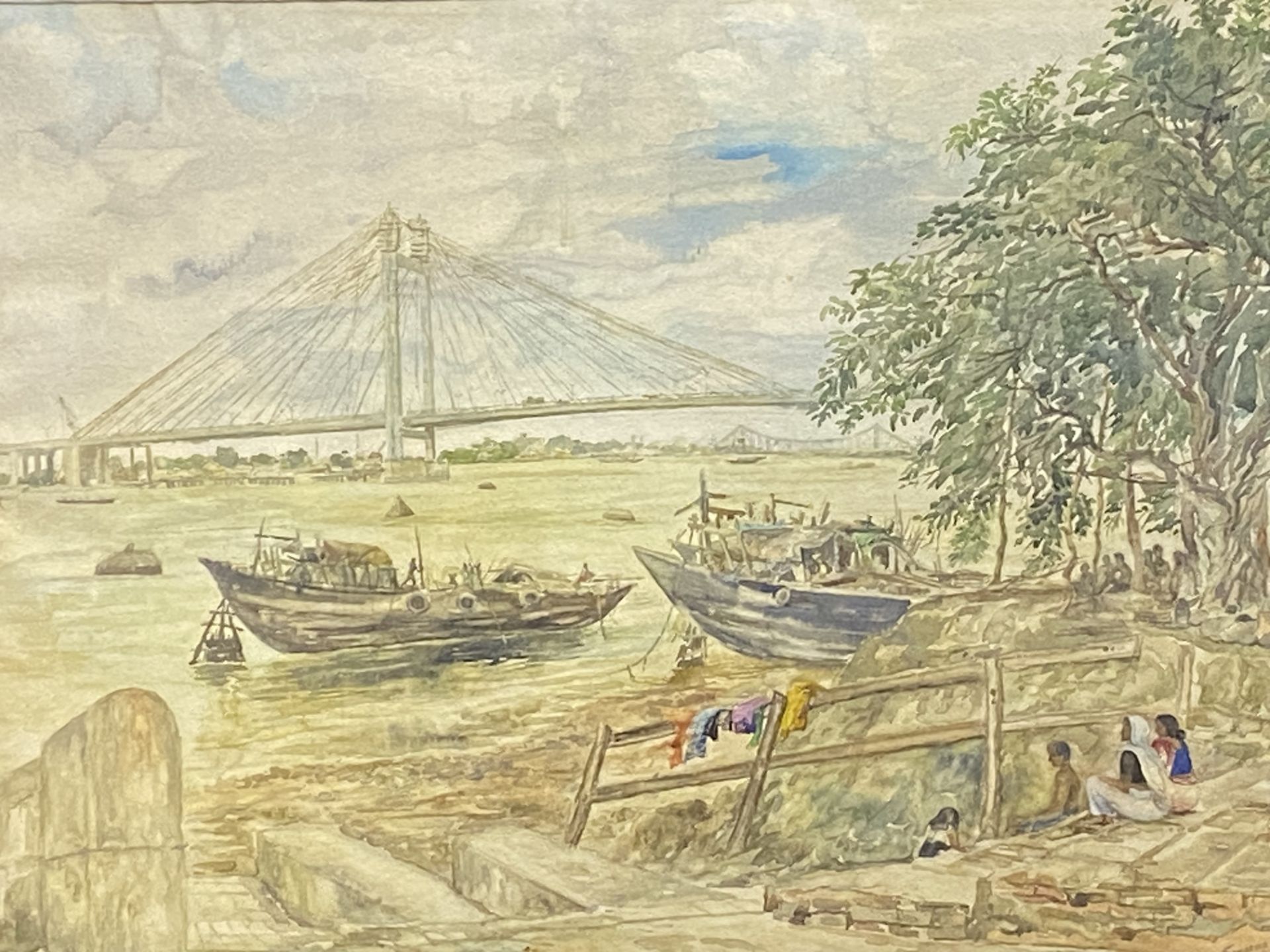 Framed and glazed 19th century watercolour of a river scene in India, signed by artist