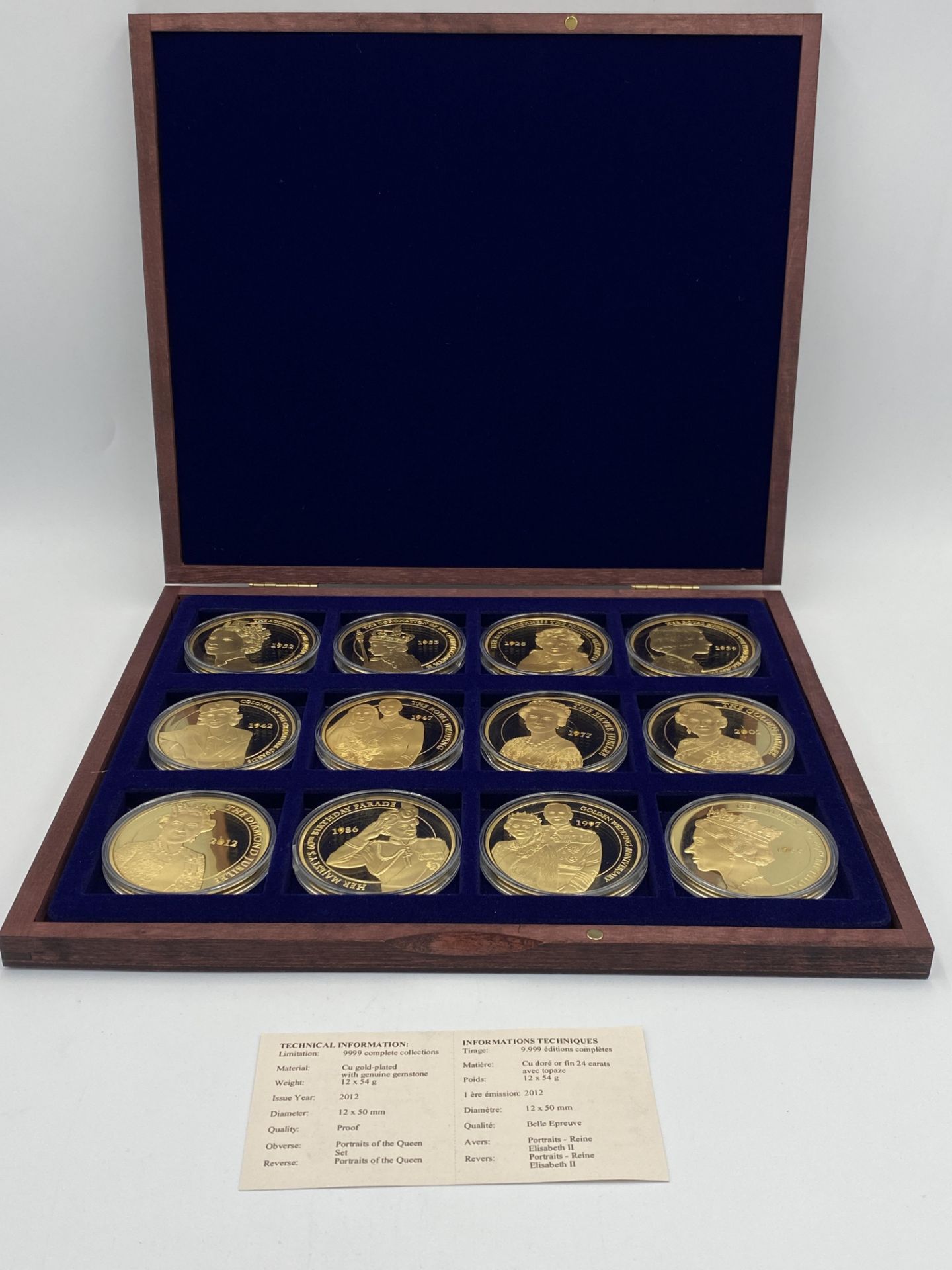 Twelve gold plated Portraits of the Queen Diamond Jubilee coins in presentation box