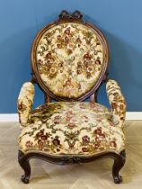 Victorian walnut cameo back open armchair