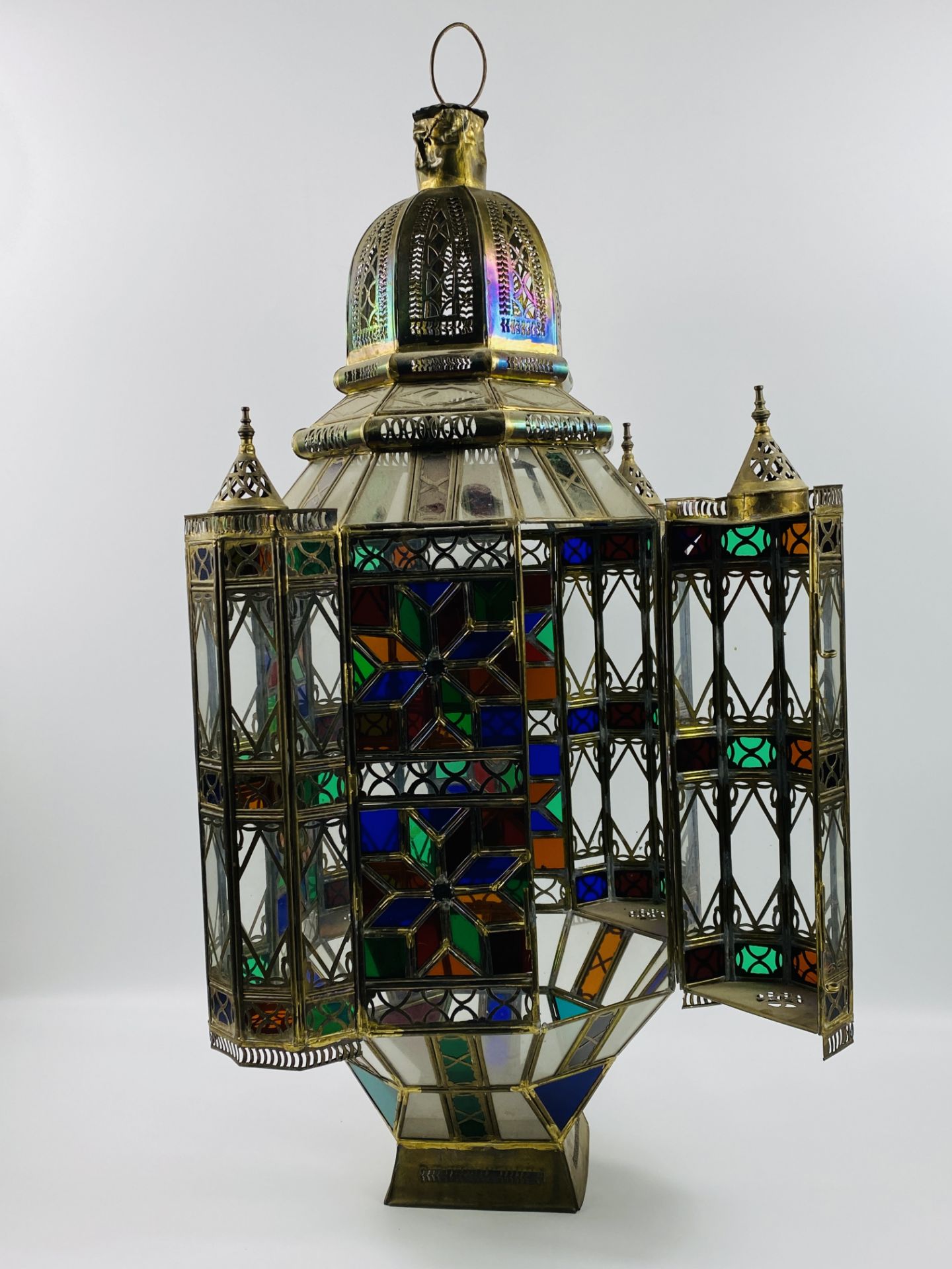 Middle Eastern ornate hanging lamp with domed top, 83cm. Estimate: £50-80