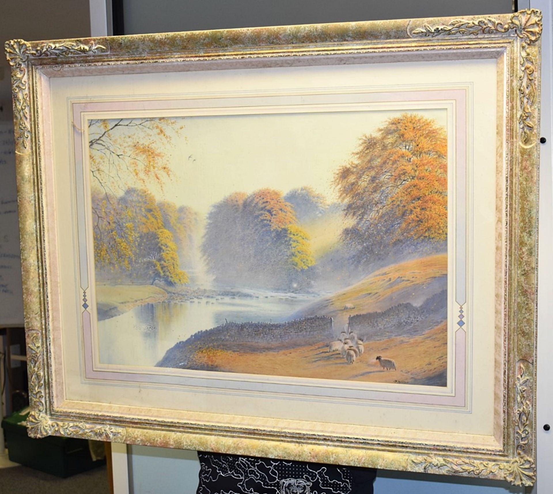 1 x Framed Fine Art Print Featuring Sheep Lakeside , Presented in an Ornate, Painted Antique-style