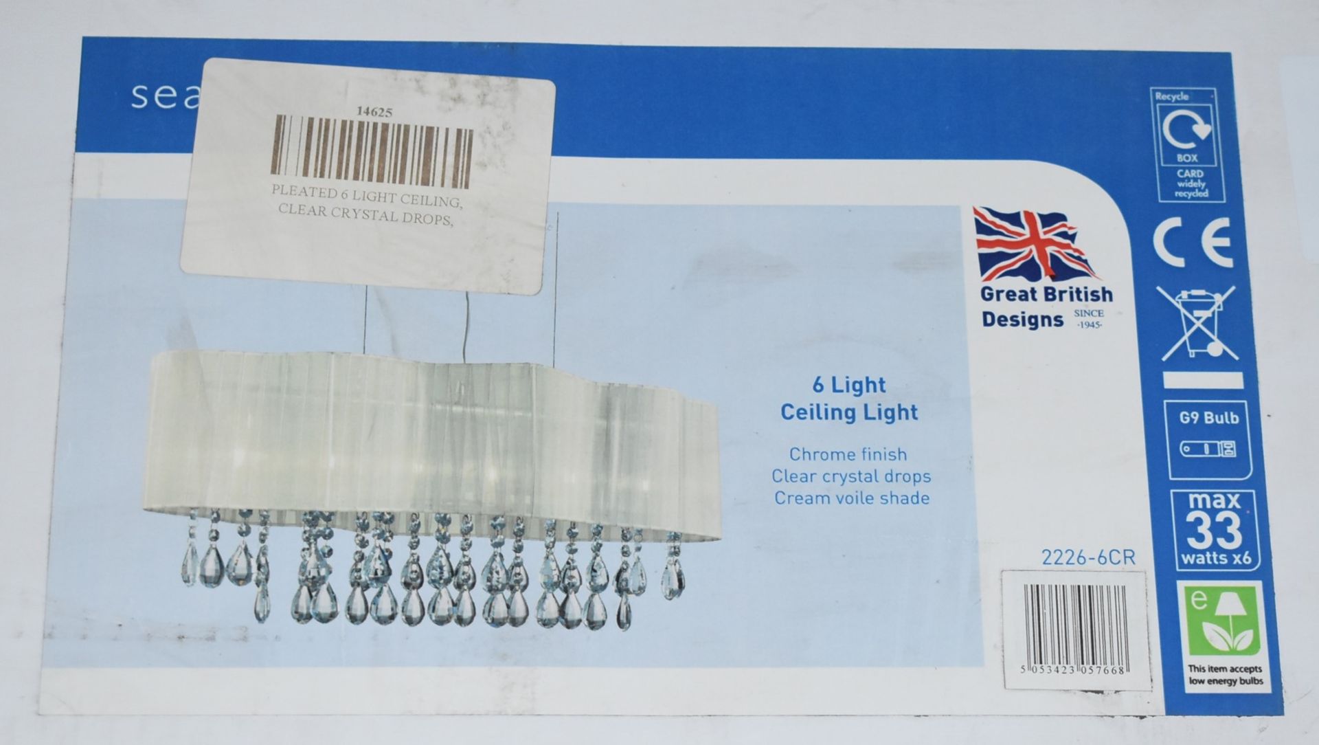 1 x Searchlight 6 Light Ceiling Light - Chrome Finish, Clear Crystal Drops and Cream Voile Shade - Image 5 of 5