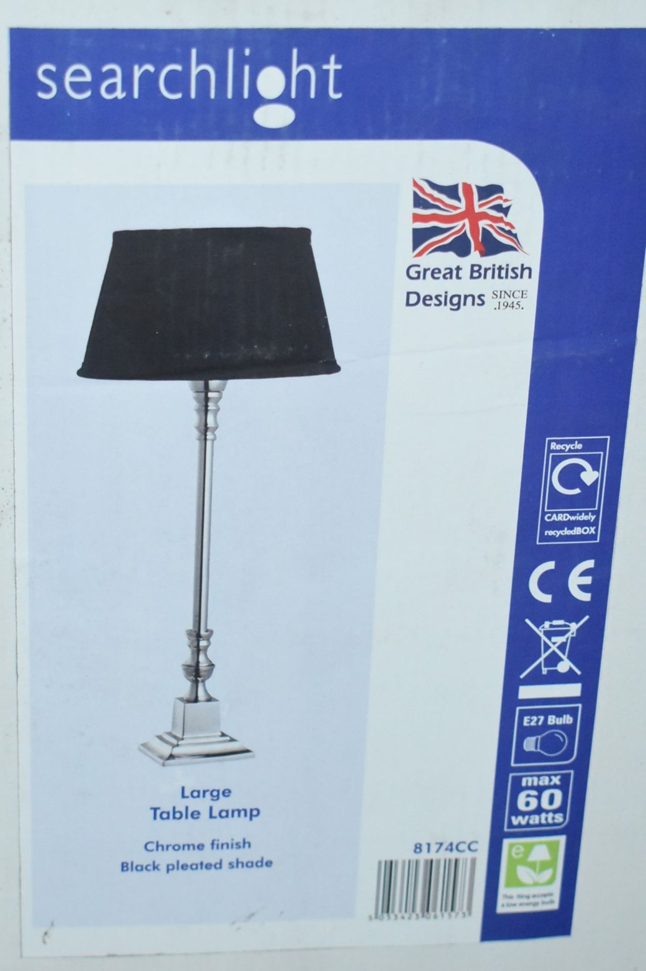 1 x Searchlight Large Table Lamp With Chrome Finish and Black Pleated Shade - Type: 8174CC - New - Image 2 of 3