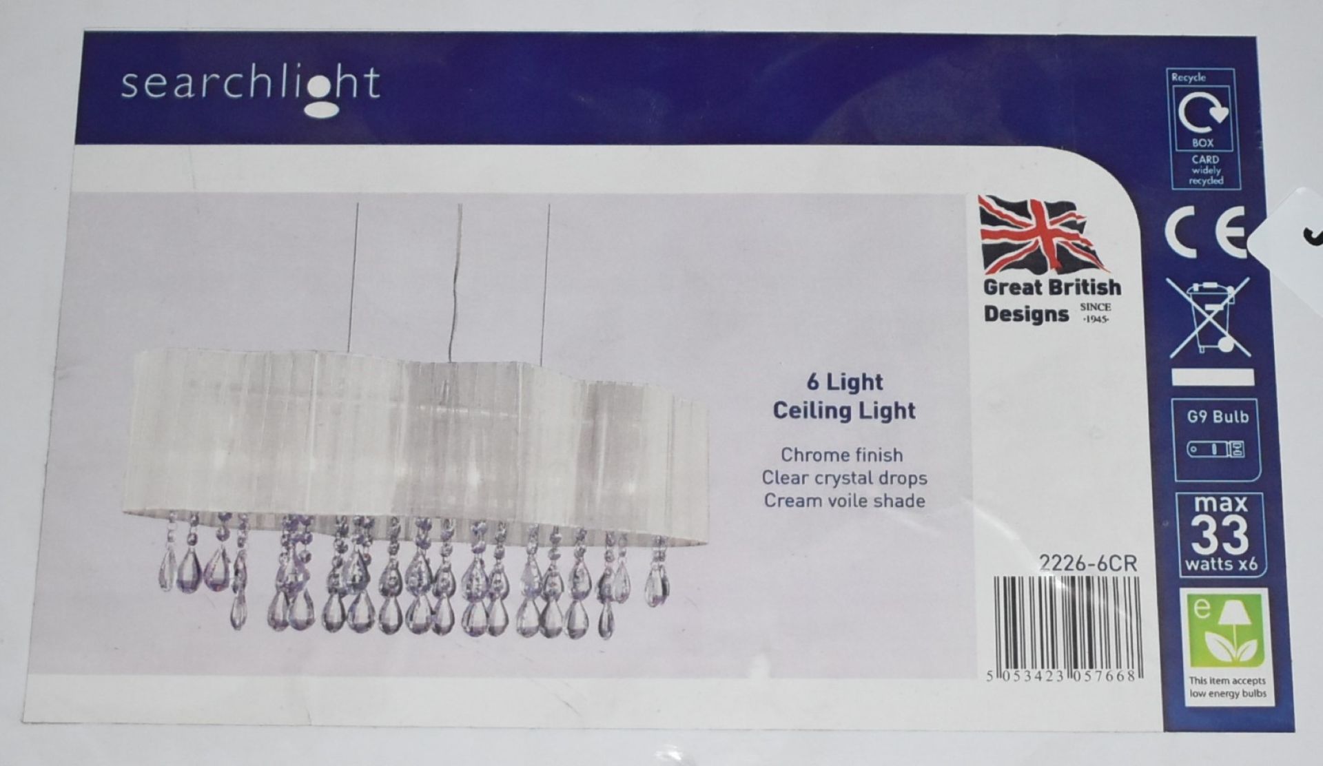 1 x Searchlight 6 Light Ceiling Light - Chrome Finish, Clear Crystal Drops and Cream Voile Shade - Image 2 of 5