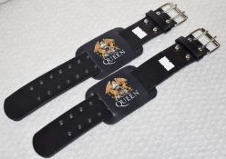2 x Queen Adjustable Leather Wrist StrapsWristraps With Crest Logo - Studded Leather With Metal