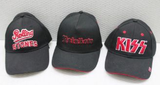 3 x Assorted Baseball Cap Featuring Rolling Stones, Rainbow and Kiss - Colour: Black - One Size With