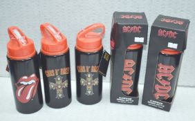 5 x Assorted Aluminium Drinking Bottles Featuring Guns n Roses, Kiss and Rolling Stones - Officially